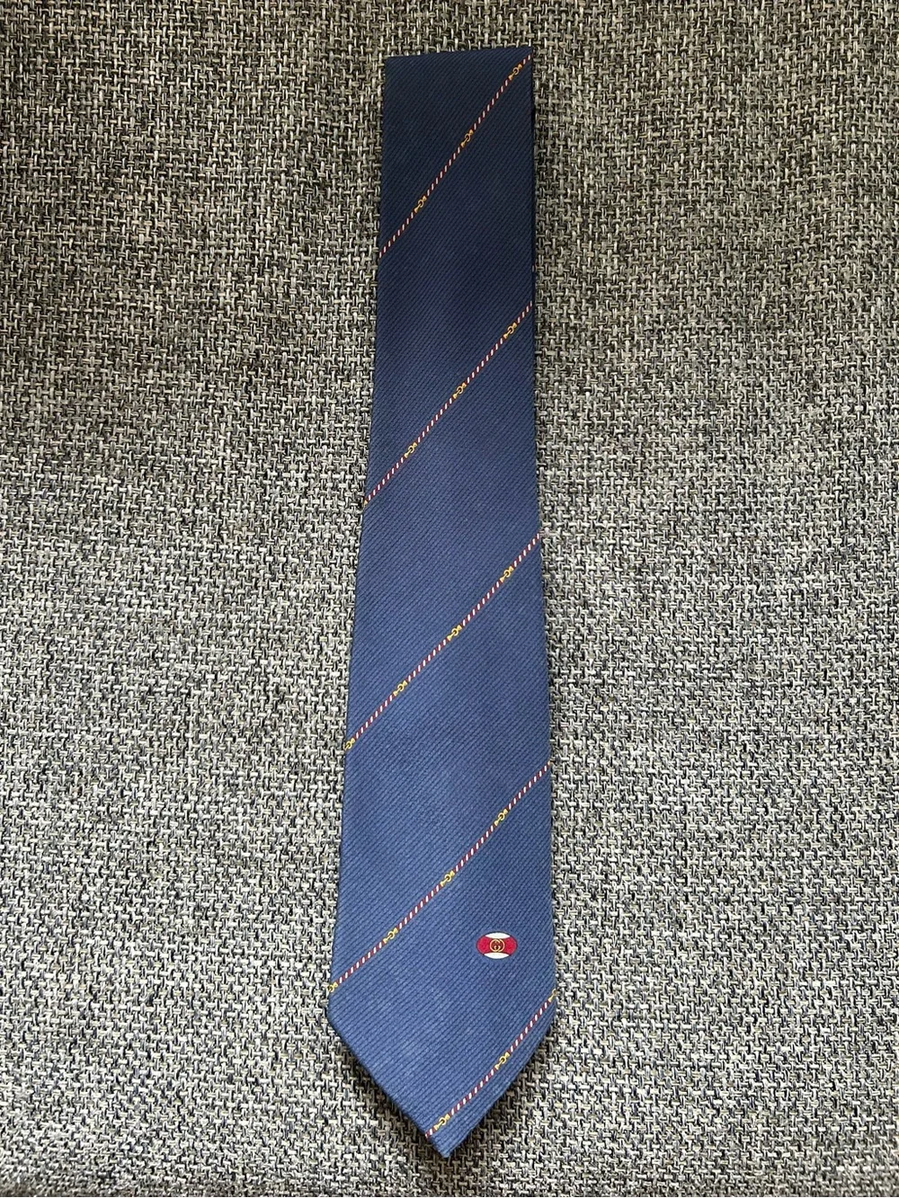 Vintage 80s Gucci 100% Silk Tie Navy Blue Diagonal Stripe Made in Italy